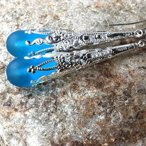 Pacific blue long Victorian Style earrings - cultured sea glass and silver jewel